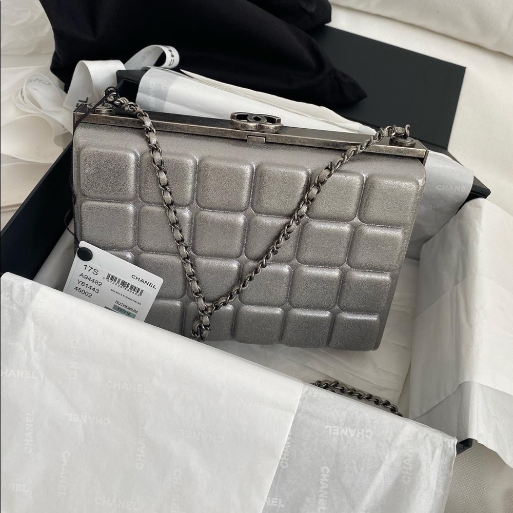 CHANEL! Silver Ruthenium Box Clutch Bag! NWT… New w/ tags!